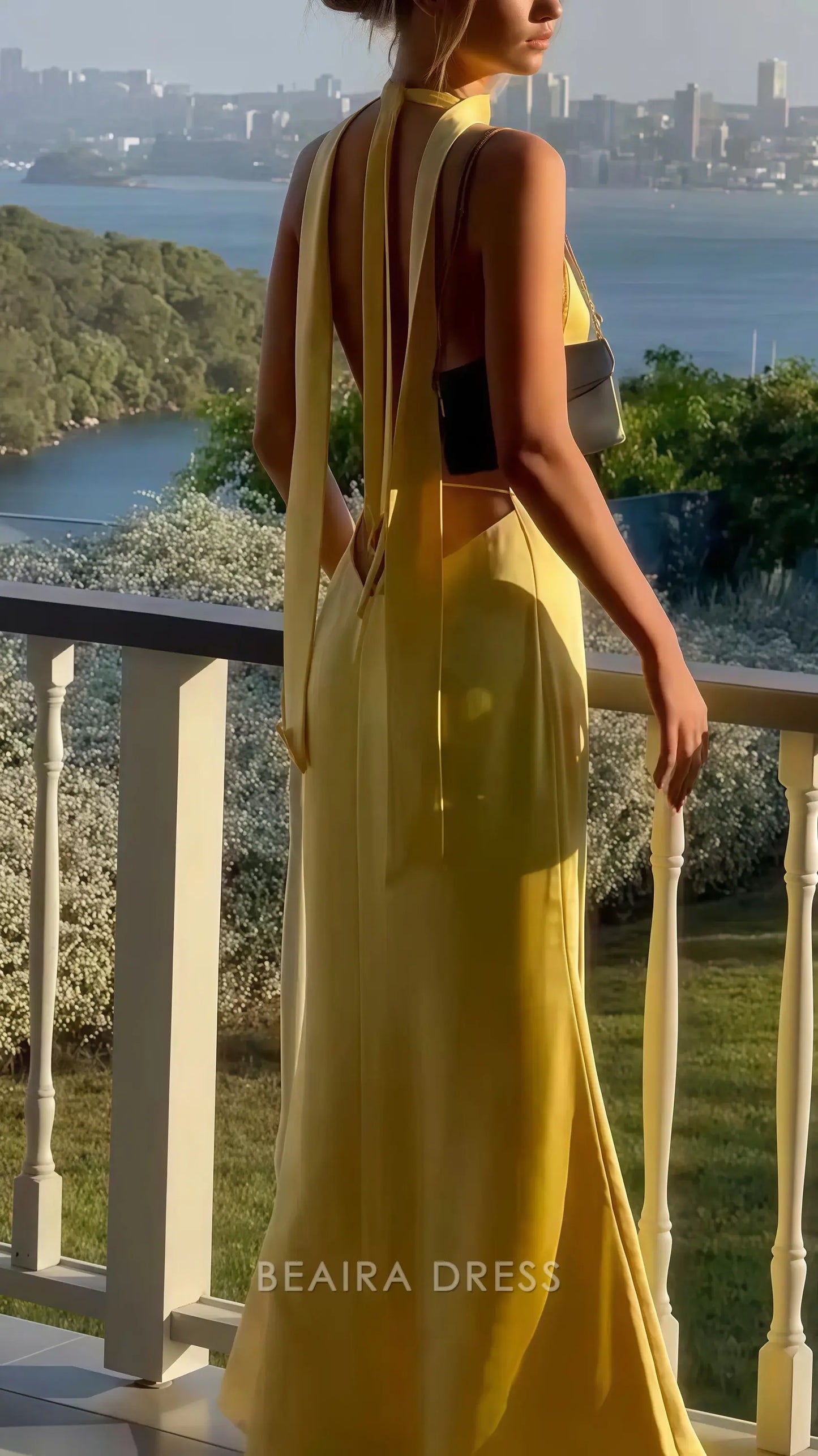 Beaira Elegant Yellow Sheath Satin Prom Dress Backless Senior Prom Dresses formal wear dresses