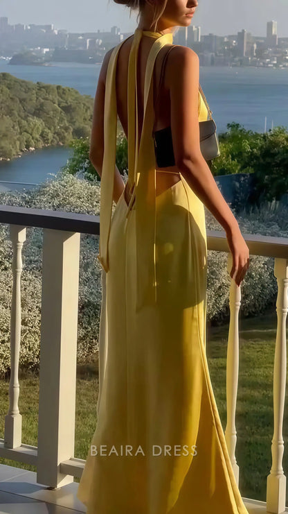 Beaira Elegant Yellow Sheath Satin Prom Dress Backless Senior Prom Dresses formal wear dresses