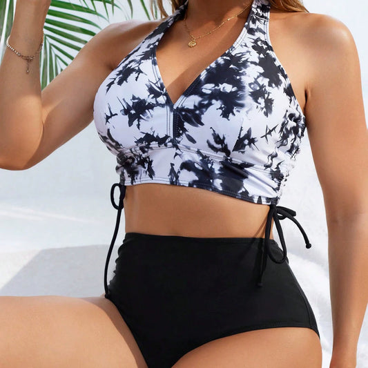 Beaira European and American swimwear women's sexy solid color printed split high waist hip hugging belly covering swimsuit beach comfortable swimsuit