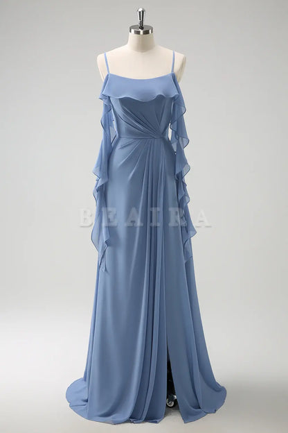 Beaira Grey Blue A Line Spaghetti Straps Pleated Chiffon Long Bridesmaid Dress with Slit Bridesmaid dress shop