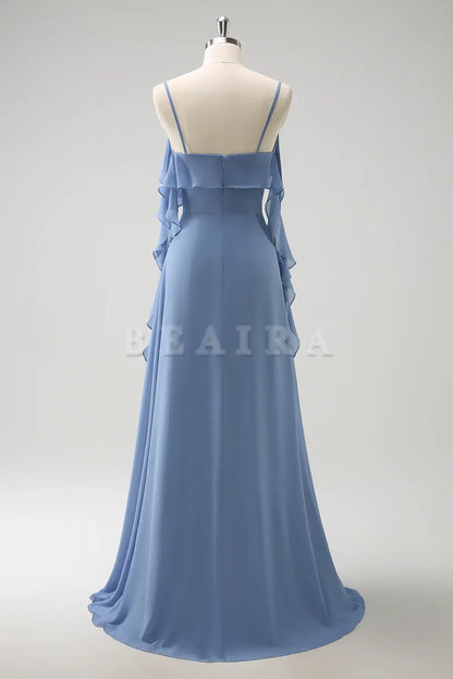 Beaira Grey Blue A Line Spaghetti Straps Pleated Chiffon Long Bridesmaid Dress with Slit Bridesmaid dress shop