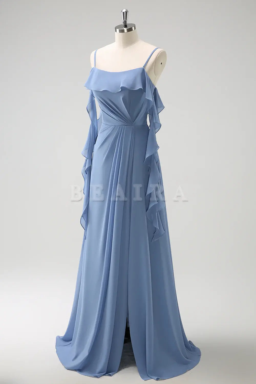 Beaira Grey Blue A Line Spaghetti Straps Pleated Chiffon Long Bridesmaid Dress with Slit Bridesmaid dress shop