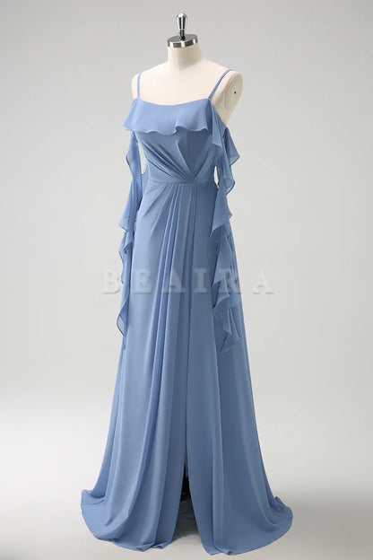 Beaira Grey Blue A Line Spaghetti Straps Pleated Chiffon Long Bridesmaid Dress with Slit Bridesmaid dress shop