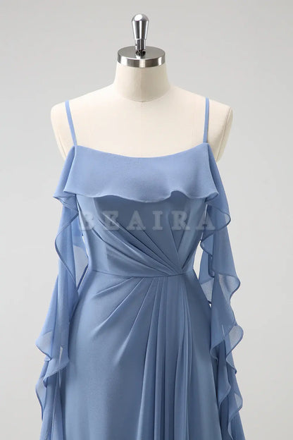 Beaira Grey Blue A Line Spaghetti Straps Pleated Chiffon Long Bridesmaid Dress with Slit Bridesmaid dress shop