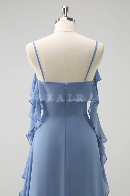 Beaira Grey Blue A Line Spaghetti Straps Pleated Chiffon Long Bridesmaid Dress with Slit Bridesmaid dress shop