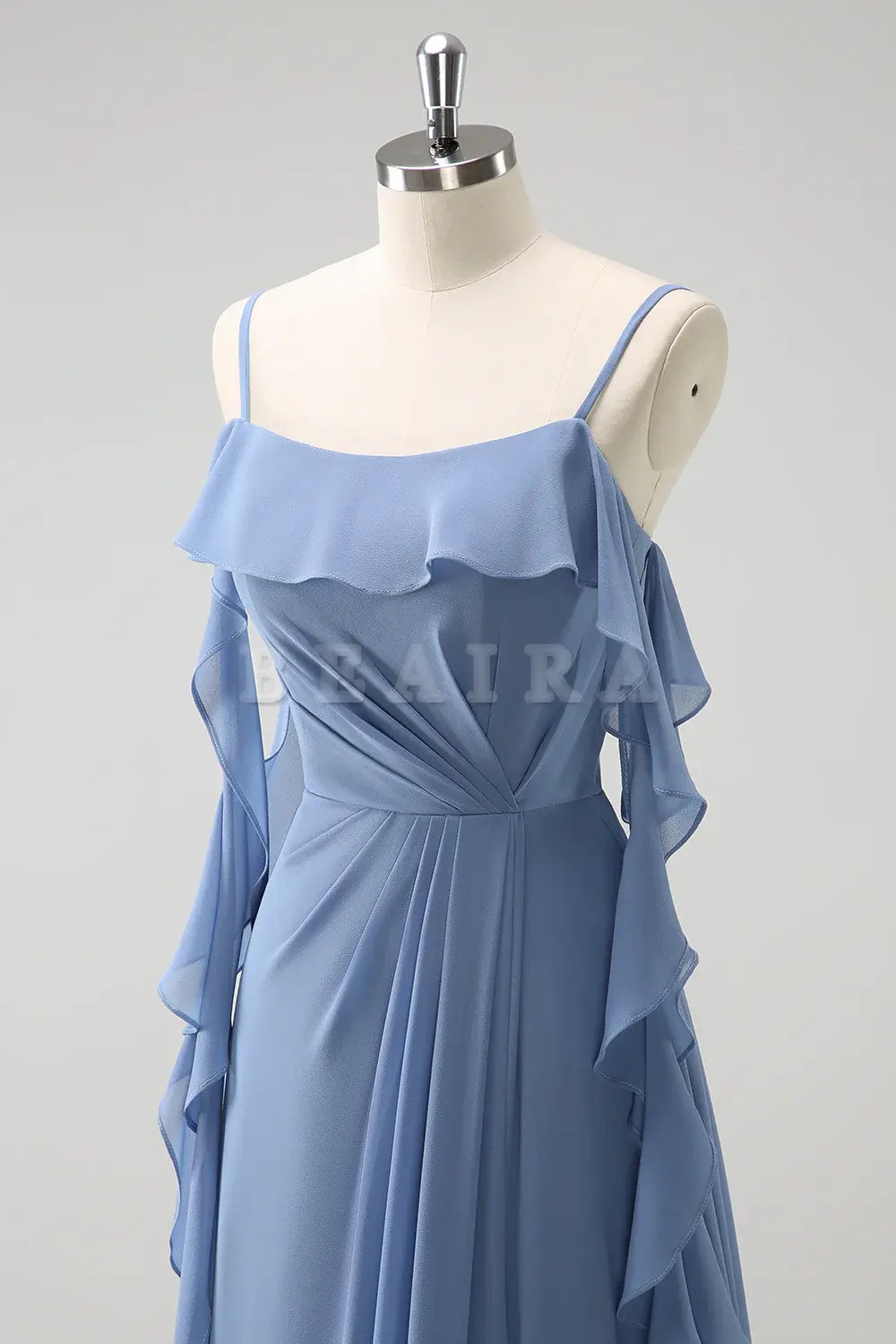 Beaira Grey Blue A Line Spaghetti Straps Pleated Chiffon Long Bridesmaid Dress with Slit Bridesmaid dress shop
