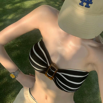 Beaira Ins style retro striped sexy spicy girl with small chest sexy bikini Bikini split swimsuit for women