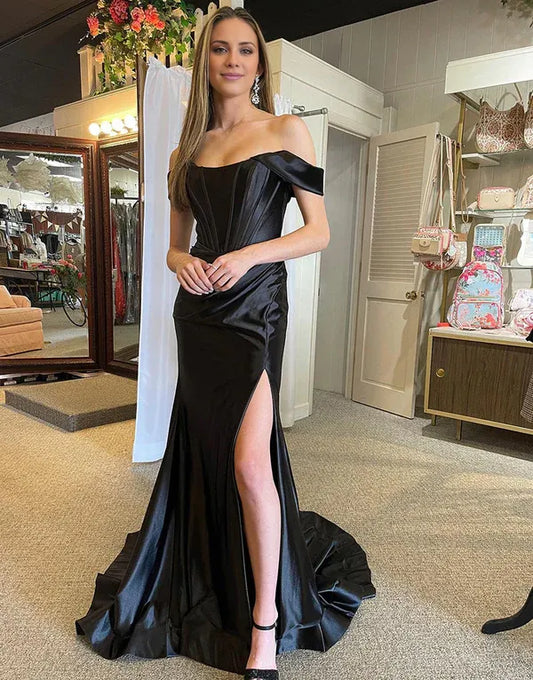 Beaira Mermaid Glitter Satin Off-the-Shoulder Prom Dress - Black