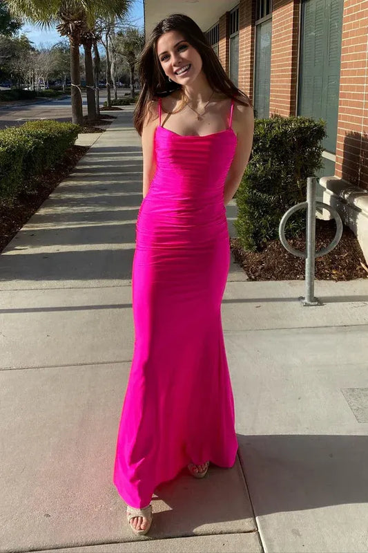 Beaira Mermaid Spaghetti Straps Criss-Cross Back Prom Dress - Hot Pink