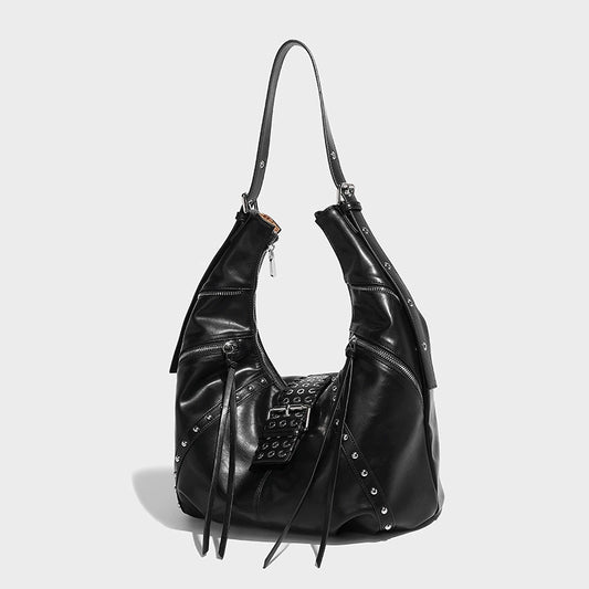 Beaira Niche retro spicy girl oil wax leather commuting handbag autumn and winter new fashion millennium style rivet shoulder croissant