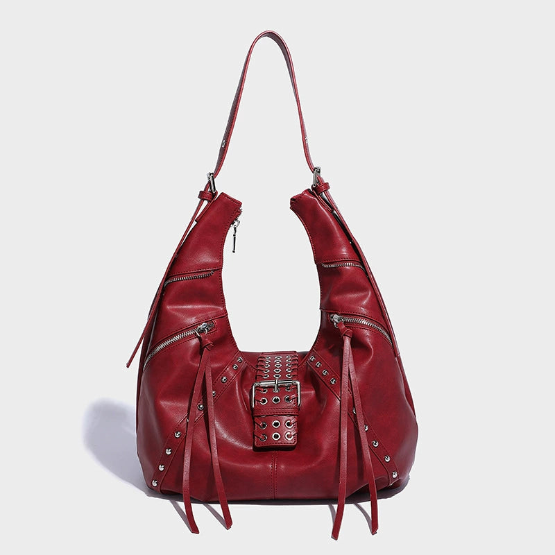 Beaira Niche retro spicy girl oil wax leather commuting handbag autumn and winter new fashion millennium style rivet shoulder croissant