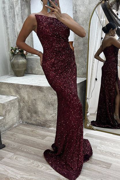 Beaira Sexy Formal Solid Slit Asymmetrical Oblique Collar Evening Dress Dresses formal wear dresses - Burgundy