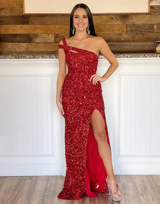 Beaira Sexy Glitter One-Shoulder Red Long Prom Dress With Sequins - Red