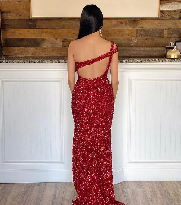 Beaira Sexy Glitter One-Shoulder Red Long Prom Dress With Sequins - Red