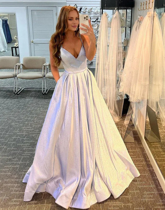 Beaira Sexy Glitter V Neck Spaghetti Straps Long Prom Dress - Light Mauve