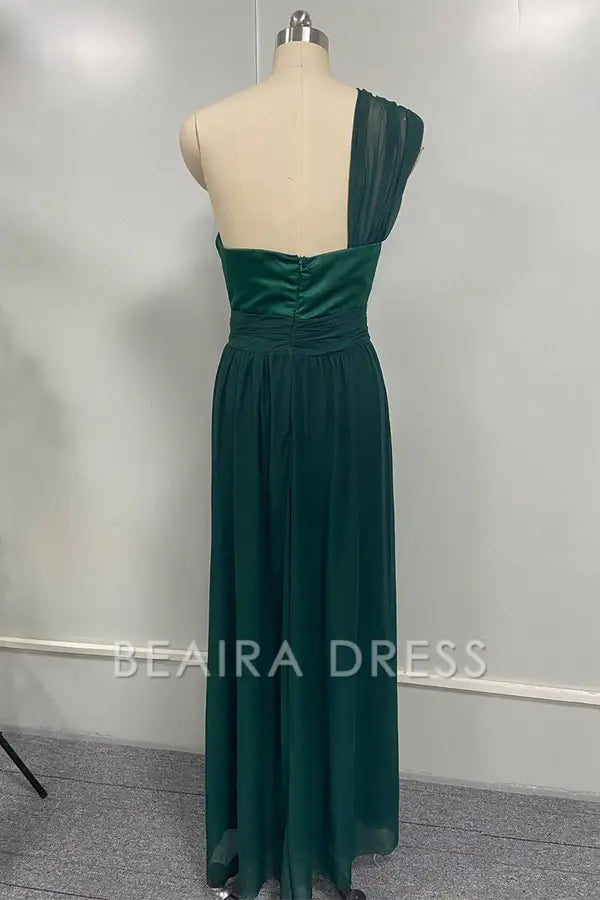 Beaira Sexy Prom Slit Mesh Sloping Shoulder Evening Dresses formal wear dresses - Ink Green