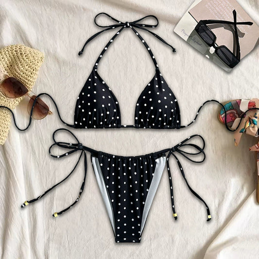 Beaira Sexy polka dot printed bikini new split swimsuit for women European and American foreign trade drawstring suspender three-point swimsuit