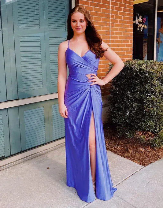 Beaira Sheath Spaghetti Straps Purple Long Prom Dress With Split - Purple