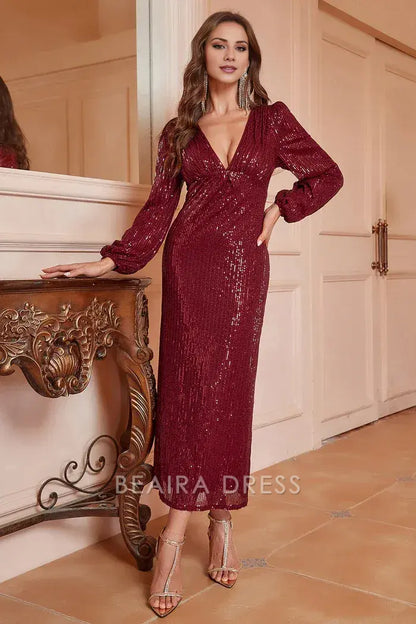 Beaira Signature Elegance Sparkly Burgundy V-Neck Prom Dress With Long Sleeves formal wear dresses - Burgundy