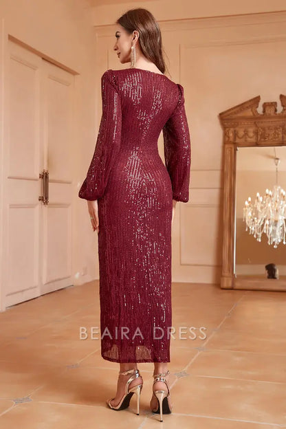Beaira Signature Elegance Sparkly Burgundy V-Neck Prom Dress With Long Sleeves formal wear dresses - Burgundy