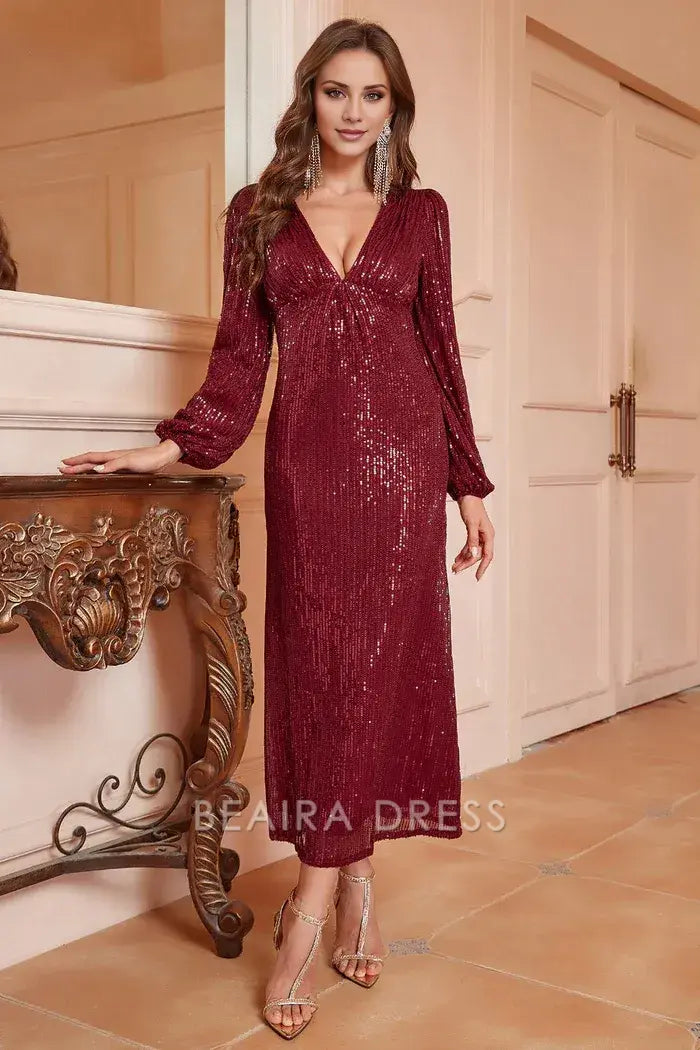 Beaira Signature Elegance Sparkly Burgundy V-Neck Prom Dress With Long Sleeves formal wear dresses - Burgundy