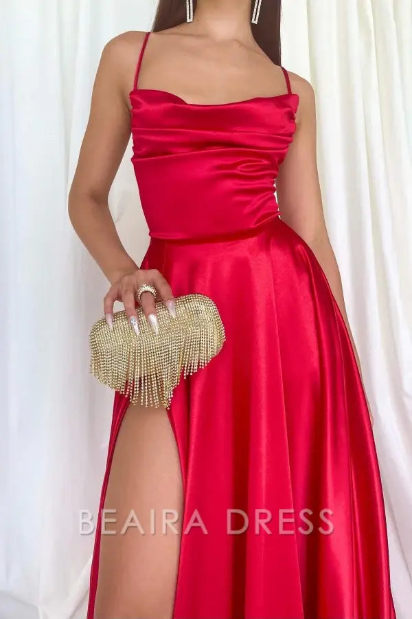 Beaira Simple A-Line Strapless Spaghetti Straps Sleeveless Ruched Criss Cross Straps Prom Party Dress High Side Slit and Train evening gown