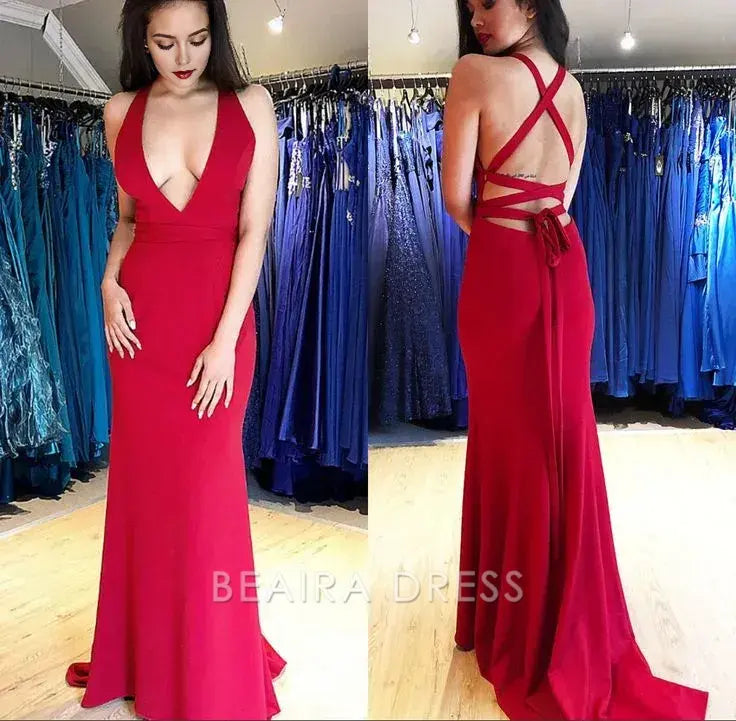 Beaira Simple Sexy Mermaid Red Satin Prom Dresses With Cross Back Deep V-Neck Sexy Prom Evening Dress hot sale for women