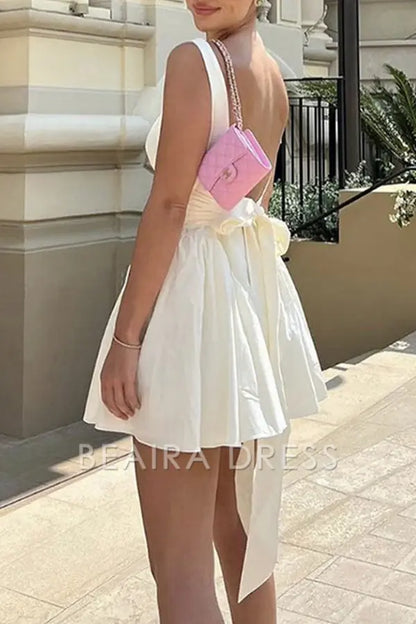 Beaira Sweet Simplicity Solid Backless With Bow Square Collar Evening Dresses formal wear dresses - White