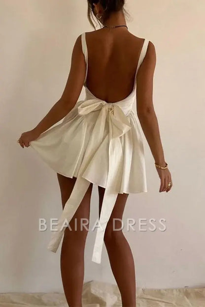 Beaira Sweet Simplicity Solid Backless With Bow Square Collar Evening Dresses formal wear dresses - White