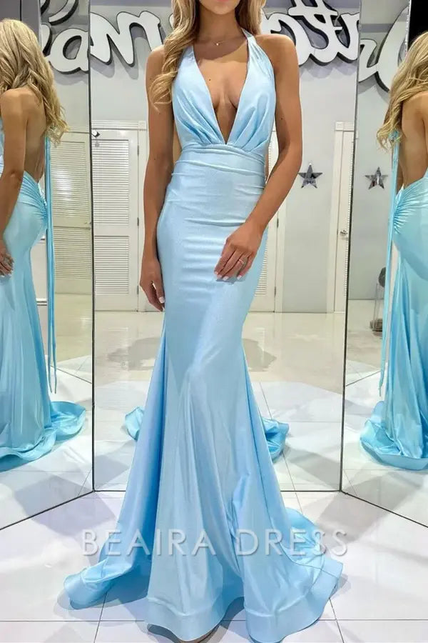 Beaira Trendy Mermaid Halter Neck Blue Long Prom Dress with Backless - Blue