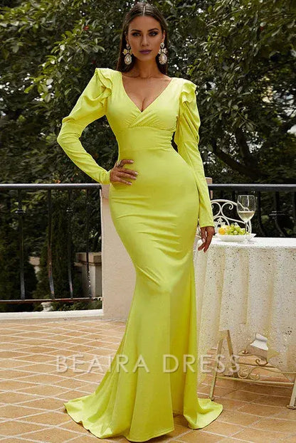 Beaira Yellow Long Sleeve Mermaid V-Neck Formal Evening Dresses formal wear dresses - Yellow