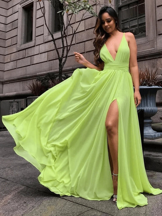 V Neck Chiffon Prom Dresses Pretty Open Back Evening Dresses
