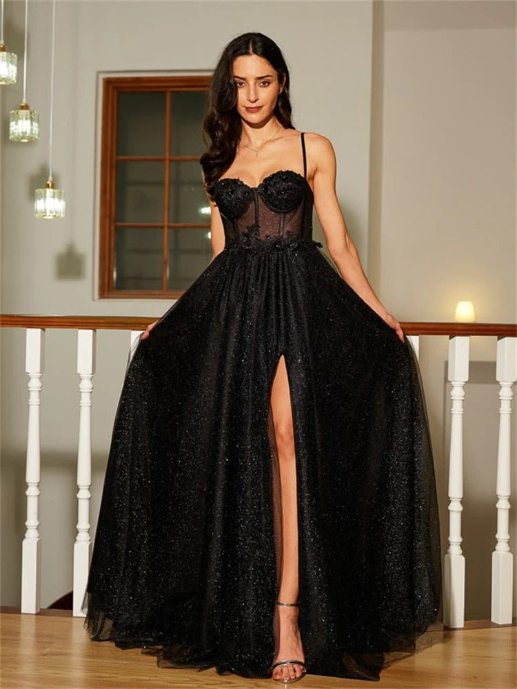 Black A Line Sweetheart Lace Aqppliques Tulle Prom Dresses Slit