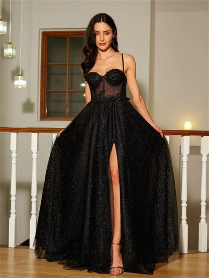 Black A Line Sweetheart Lace Aqppliques Tulle Prom Dresses Slit