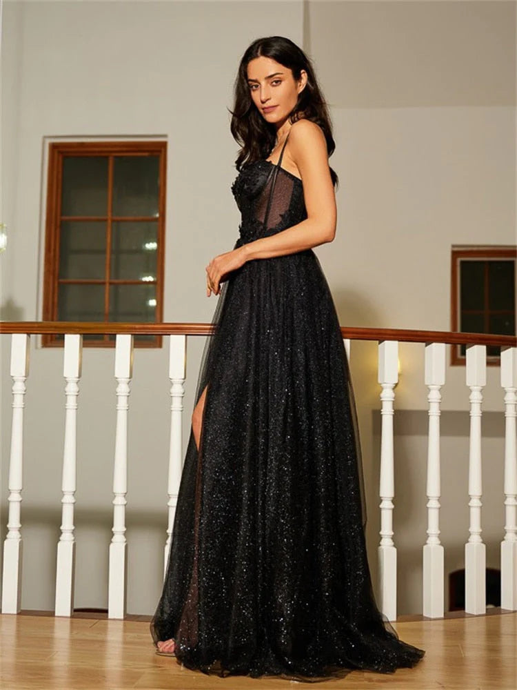 Black A Line Sweetheart Lace Aqppliques Tulle Prom Dresses Slit
