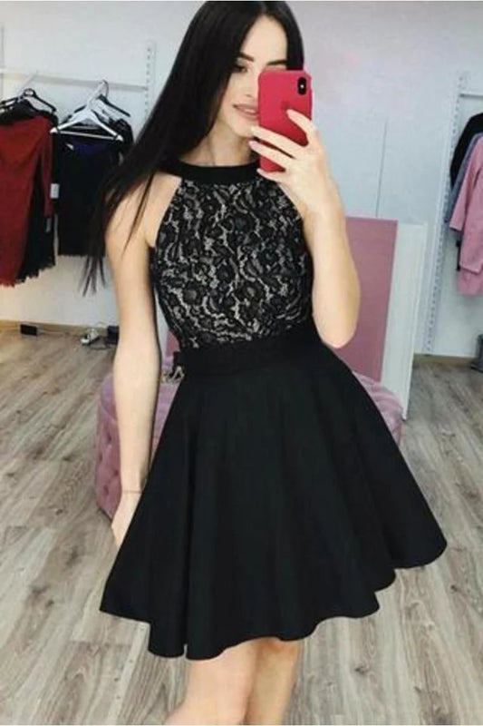 Black Lace& Chiffon Heap Homecoming Dresses A Line Sleeveless Short Cocktail Dress