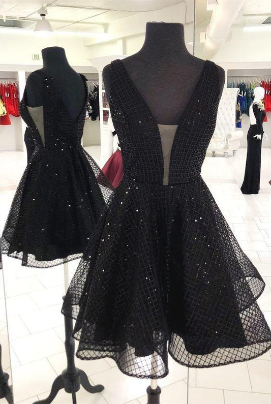 Black Lace Cocktail Dress Short V Neck Homecoming Dress