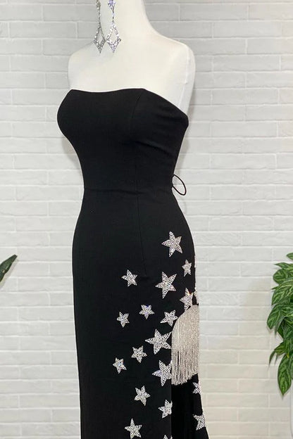 Black Strapless Sheath Slit Prom Dress with Stars and Fringes
