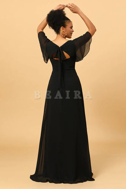 Beaira Black A Line V-Neck Long Chiffon Floor Length Dress with Slit Bridesmaid dress shop