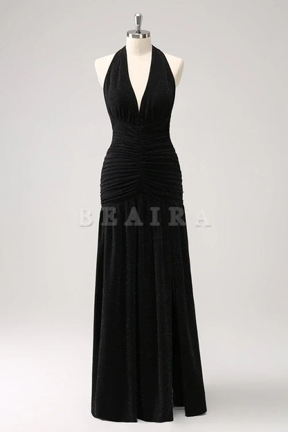 Beaira Black Mermaid Halter Pleated Backless Long Bridesmaid Dress with Slit Bridesmaid dress shop