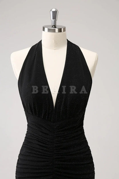 Beaira Black Mermaid Halter Pleated Backless Long Bridesmaid Dress with Slit Bridesmaid dress shop