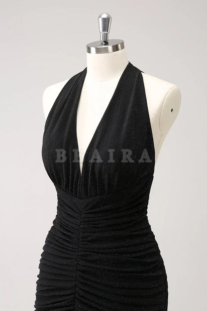 Beaira Black Mermaid Halter Pleated Backless Long Bridesmaid Dress with Slit Bridesmaid dress shop