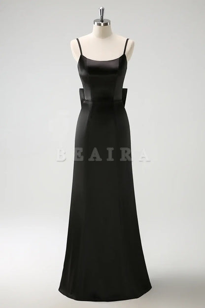 Beaira Black Mermaid Spaghetti Straps Long Ruffle Satin Bridesmaid Dress with Bow Bridesmaid dress shop