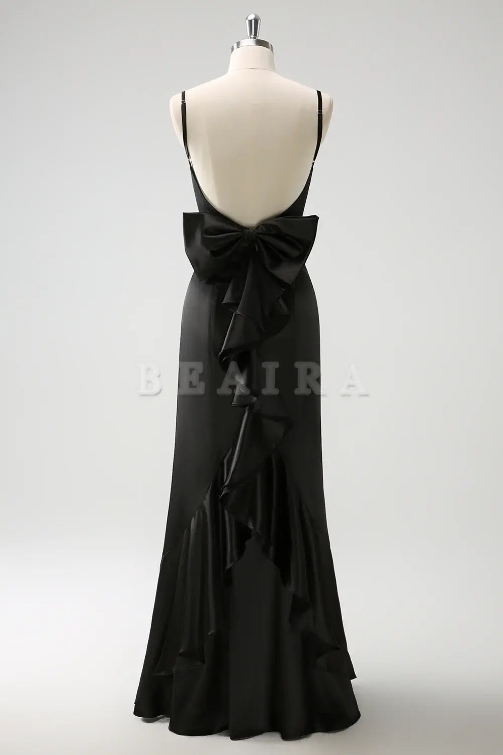 Beaira Black Mermaid Spaghetti Straps Long Ruffle Satin Bridesmaid Dress with Bow Bridesmaid dress shop