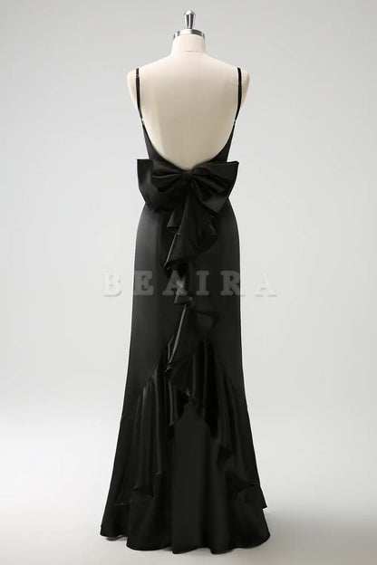 Beaira Black Mermaid Spaghetti Straps Long Ruffle Satin Bridesmaid Dress with Bow Bridesmaid dress shop