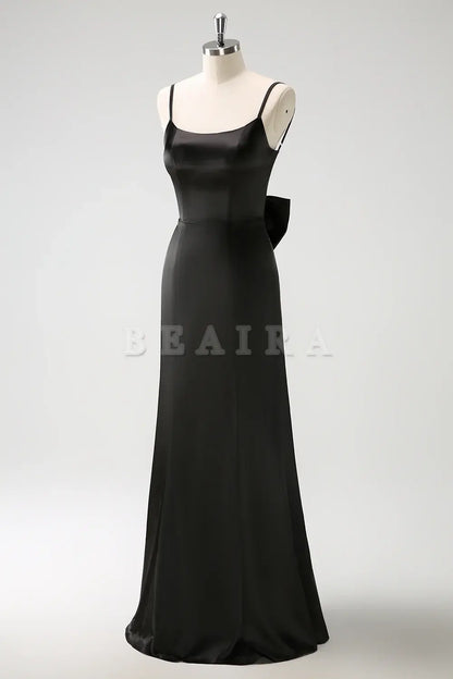 Beaira Black Mermaid Spaghetti Straps Long Ruffle Satin Bridesmaid Dress with Bow Bridesmaid dress shop