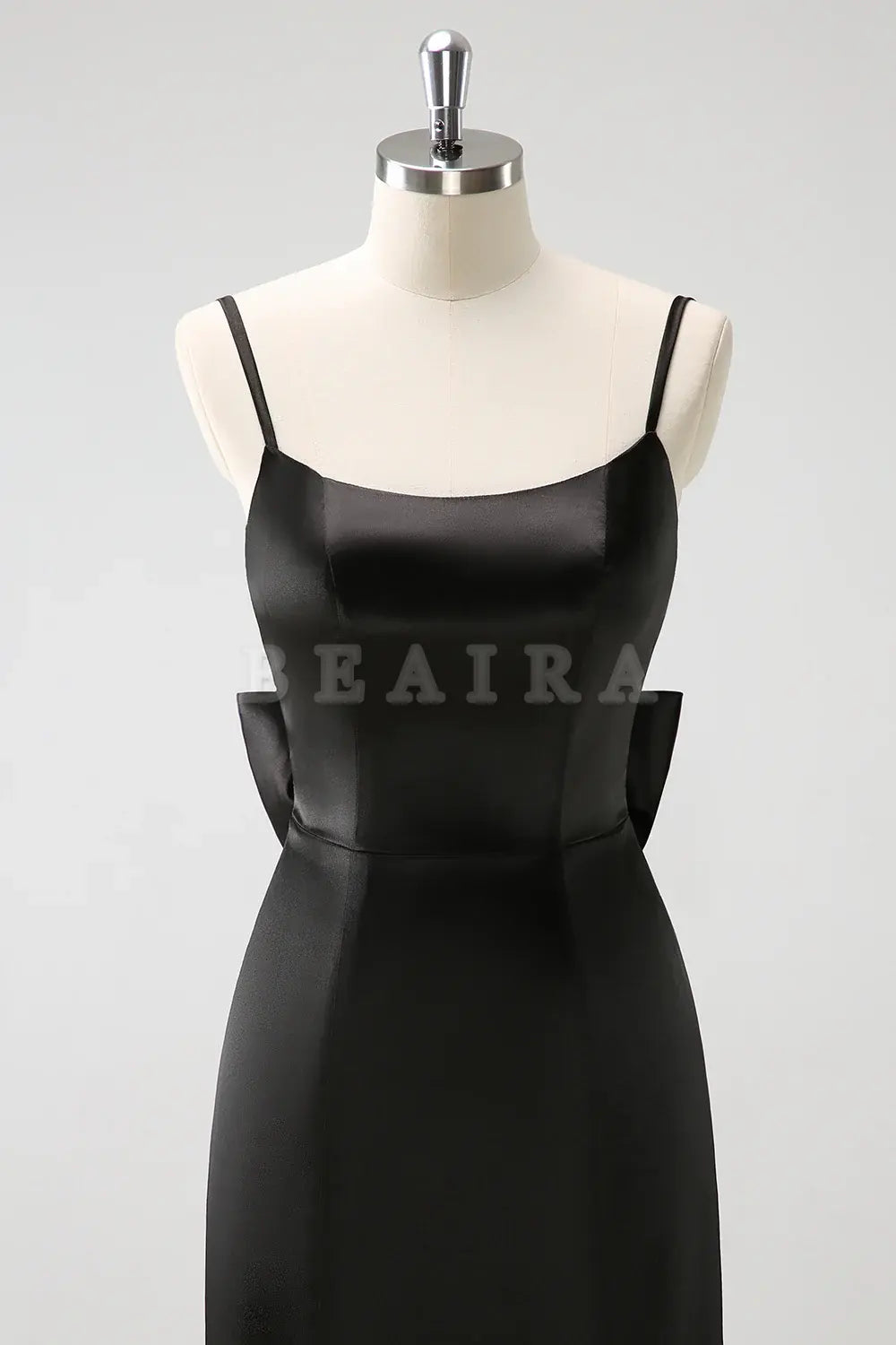 Beaira Black Mermaid Spaghetti Straps Long Ruffle Satin Bridesmaid Dress with Bow Bridesmaid dress shop
