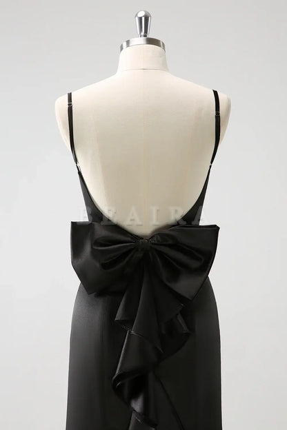 Beaira Black Mermaid Spaghetti Straps Long Ruffle Satin Bridesmaid Dress with Bow Bridesmaid dress shop