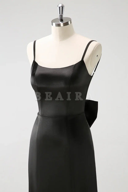 Beaira Black Mermaid Spaghetti Straps Long Ruffle Satin Bridesmaid Dress with Bow Bridesmaid dress shop