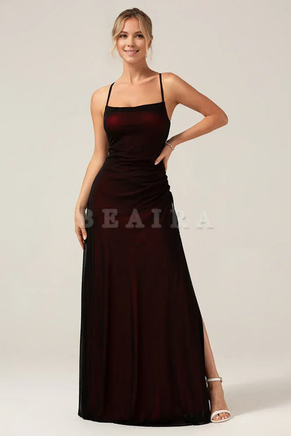 Beaira Black Red Sheath Spaghetti Straps Backless Maxi Bridesmaid Dress Bridesmaid dress shop